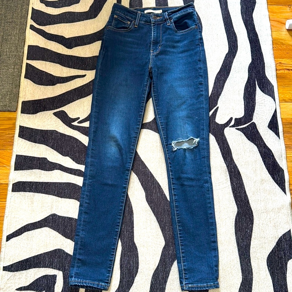 LEVI’S Premium Denim 721 High Rise Skinny Jeans Distressed Dark Wash 25 x 30
